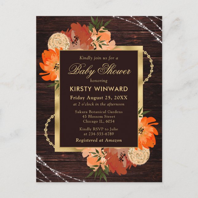 Rustic Burnt Orange Fall Flowers Baby Shower Postcard (Front)