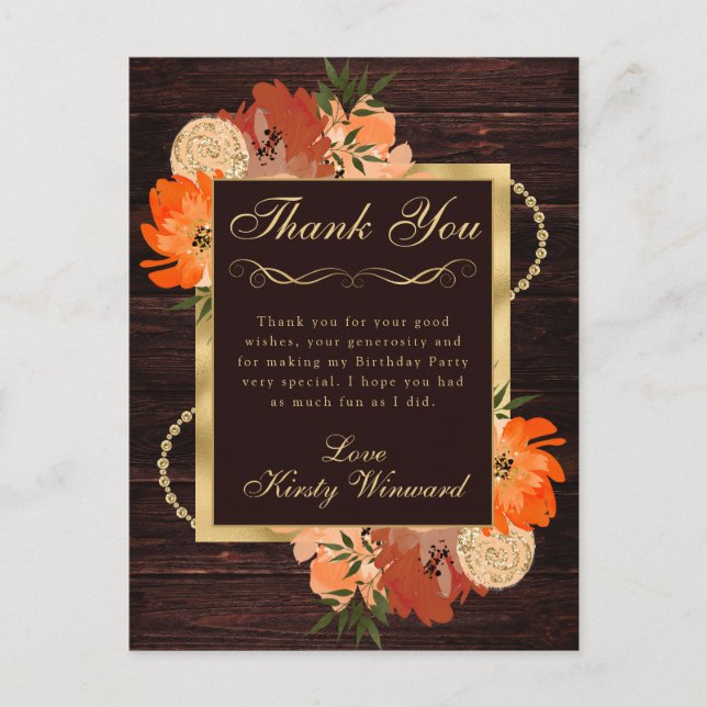 Rustic Burnt Orange Fall Flowers Birthday Postcard (Front)