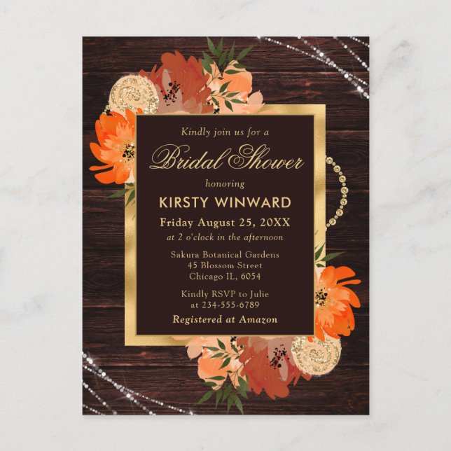 Rustic Burnt Orange Fall Flowers Bridal Shower Postcard (Front)