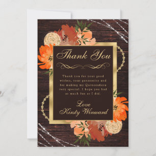 Rustic Burnt Orange Fall Flowers Quinceanera Thank You Card