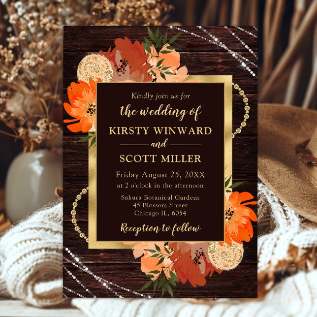 Rustic Burnt Orange Fall Flowers Wedding Invitation (Creator Uploaded)