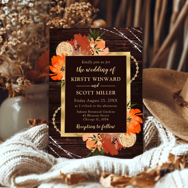 Rustic Burnt Orange Fall Flowers Wedding Invitation (Creator Uploaded)