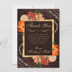 Rustic Burnt Orange Fall Flowers Wedding Thank You Card