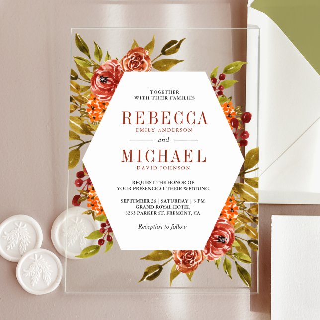 Rustic Burnt Orange Floral Autumn Fall Wedding Acrylic Invitations (Creator Uploaded)