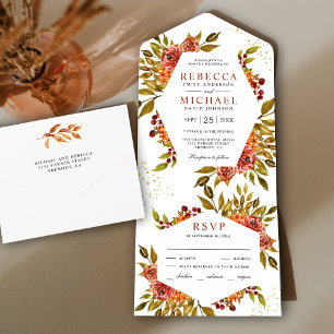 Rustic Burnt Orange Floral Fall Autumn Wedding All In One Invitation