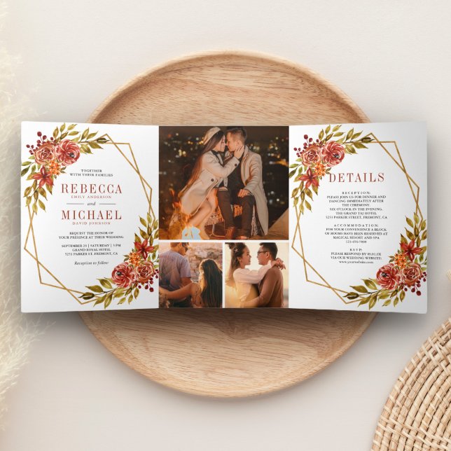 Rustic Burnt Orange Floral Geometric Frame Wedding Tri-Fold Invitation (Creator Uploaded)