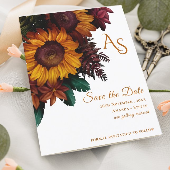 Rustic Burnt Orange Floral Monogram Save the Date (Rustic Burnt Orange Floral Monogram Save the Date)