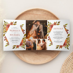 Rustic Burnt Orange Floral Photo Collage Wedding Tri-Fold Invitation