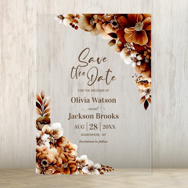 Rustic Burnt Orange Floral Wedding Save the Date Acrylic Invitations (Creator Uploaded)