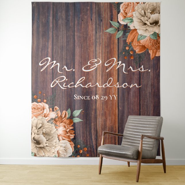 Rustic Burnt Orange Florals Photo Backdrop Wedding Tapestry (In Situ)