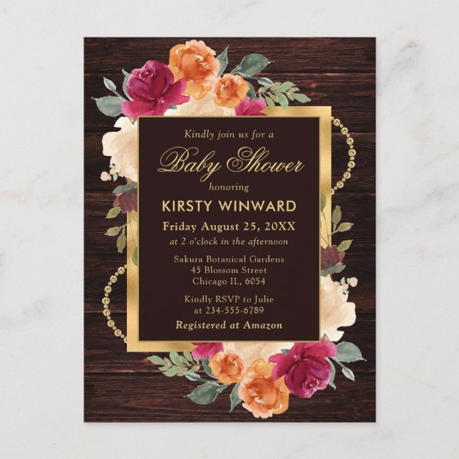 Rustic Burnt Orange Red Fall Flowers Baby Shower Postcard (Front)
