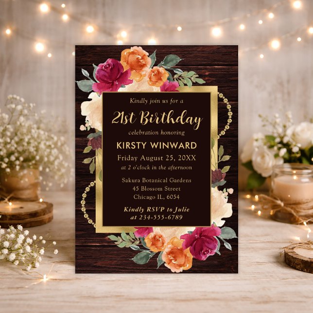 Rustic Burnt Orange Red Fall Flowers Birthday Invitation (Creator Uploaded)