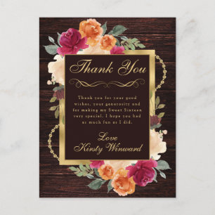 Rustic Burnt Orange Red Fall Flowers Sweet 16 Postcard