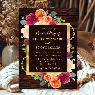 Rustic Burnt Orange Red Fall Flowers Wedding Invitation