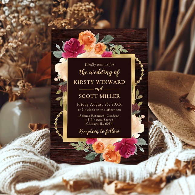 Rustic Burnt Orange Red Fall Flowers Wedding Invitation (Creator Uploaded)