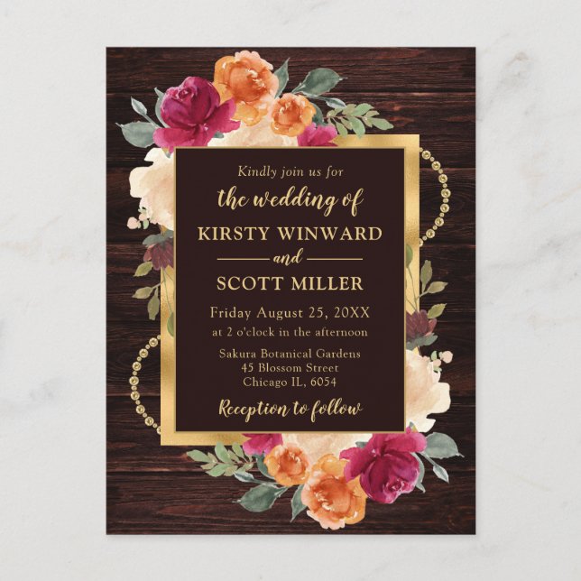 Rustic Burnt Orange Red Fall Flowers Wedding Postcard (Front)