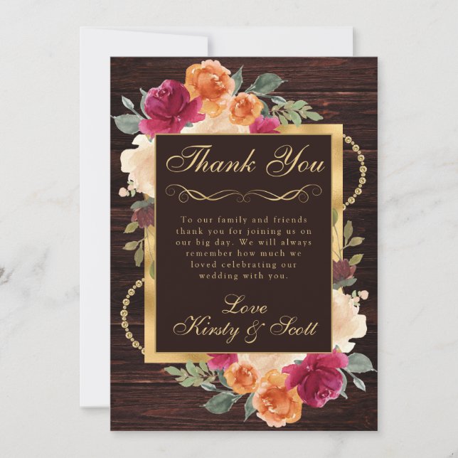 Rustic Burnt Orange Red Fall Flowers Wedding Thank You Card (Front)