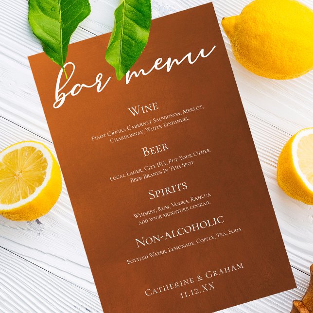 Rustic Burnt Orange Simple Autumn Wedding Bar Menu (Creator Uploaded)