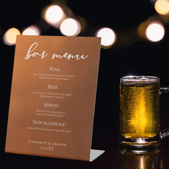 Rustic Burnt Orange Simple Autumn Wedding Bar Menu Pedestal Sign (Creator Uploaded)