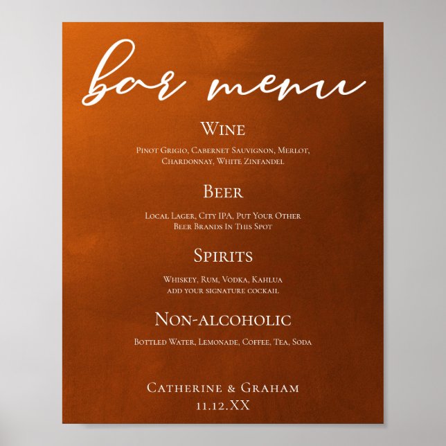 Rustic Burnt Orange Simple Autumn Wedding Bar Menu Poster (Front)