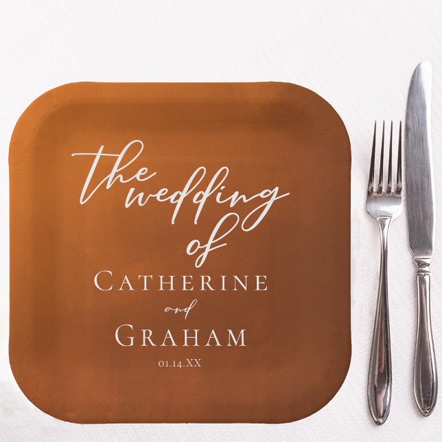 Rustic Burnt Orange Typography Autumn Wedding Paper Plate (Creator Uploaded)