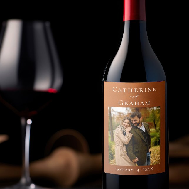 Rustic Burnt Orange Wedding Personalised Photo Wine Label (Creator Uploaded)