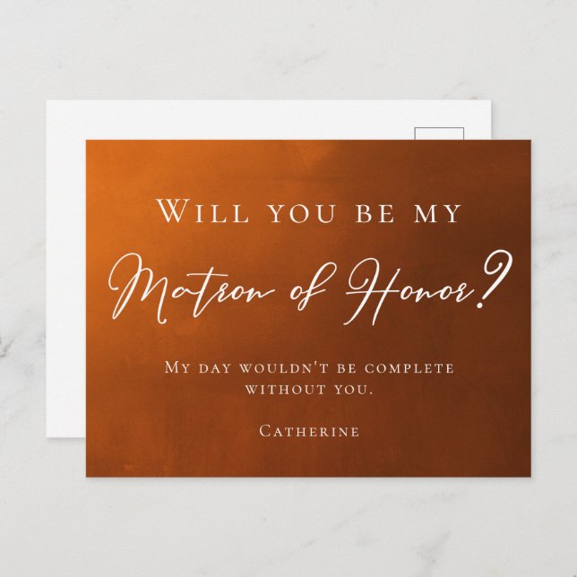 Rustic Burnt Orange Will You Be My Matron of Honou Postcard (Front/Back)