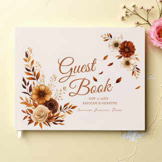 Rustic Burnt Sienna Beige Fall Leaves Wedding Guest Book