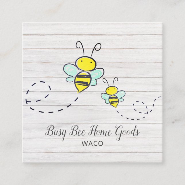 Rustic Busy Bumble Bees Wood Grain  Square Business Card (Front)