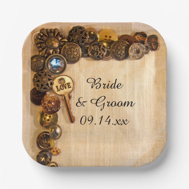 Rustic Buttons Wedding Paper Plates (Front)