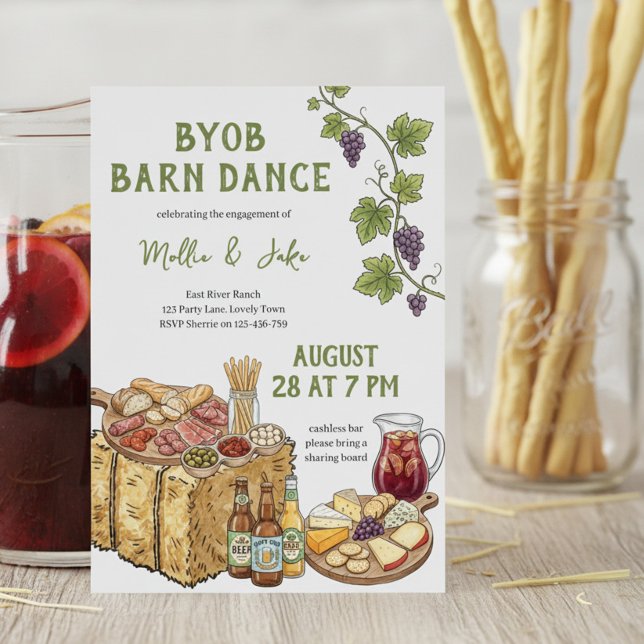 Rustic BYOB Barn Dance Engagement Celebration Invitation (Bring your own Board rustic party invitation by Darling & May)