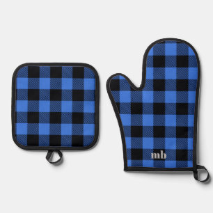 Rustic Cabin Black Blue Buffalo Plaid Pattern Oven Mitt & Pot Holder Set