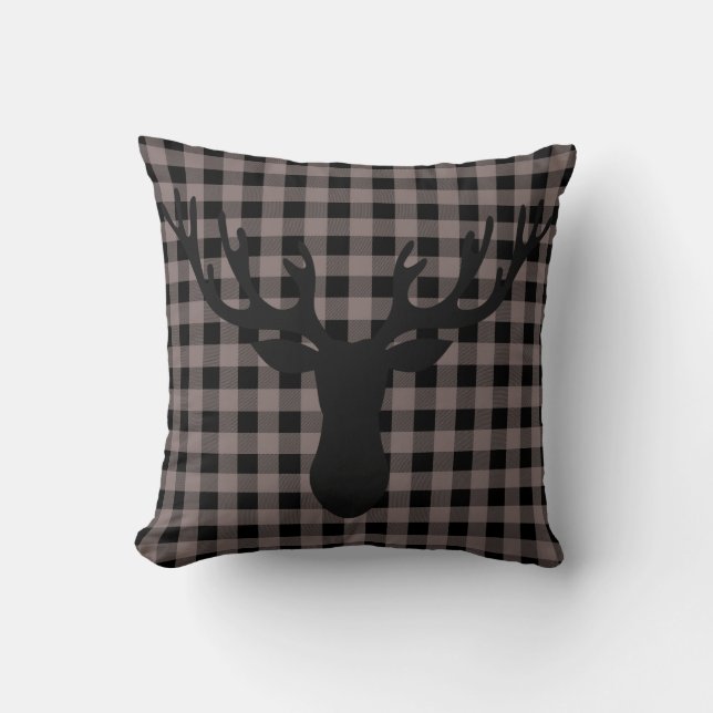 Rustic Cabin Buffalo Plaid Pattern Deer Silhouette Cushion (Front)