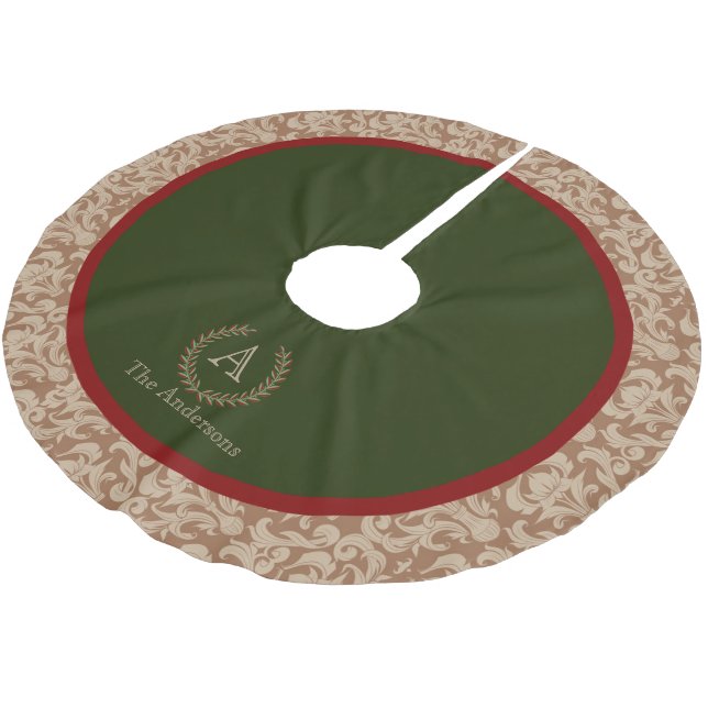 Rustic Cabin Damask Monogram Family Name Brushed Polyester Tree Skirt (Angled)