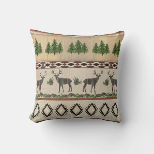 Rustic Cabin Deer Silhouette Pine Tribal Pattern Cushion