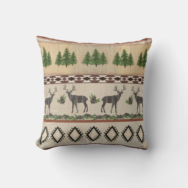Rustic Cabin Deer Silhouette Pine Tribal Pattern Cushion (Front)