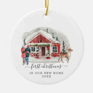 Rustic Cabin   First Christmas New Home Ceramic Ornament