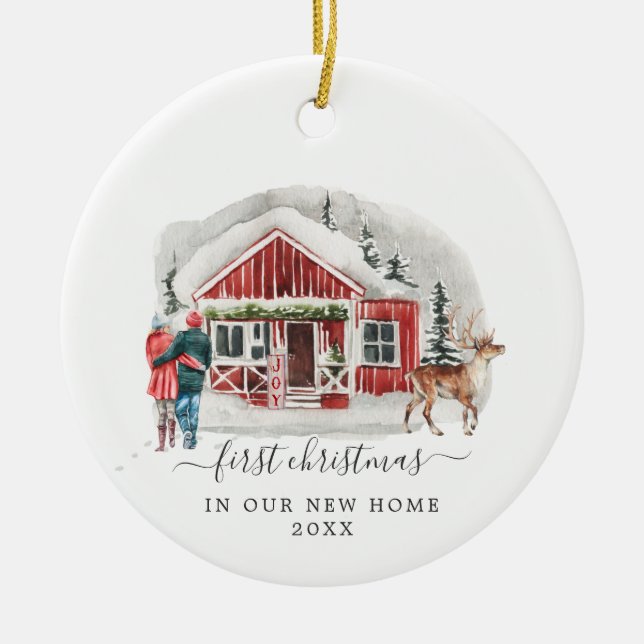 Rustic Cabin | First Christmas New Home Ceramic Ornament (Front)