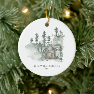 Rustic Cabin Forest Green Personalised Christmas Ceramic Ornament