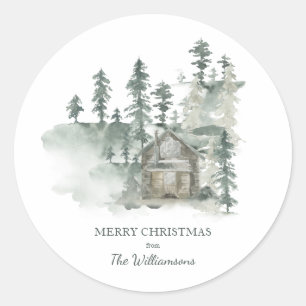 Rustic Cabin Forest Green Personalised Christmas Classic Round Sticker