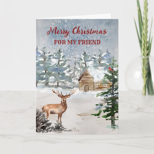 Rustic Cabin in the Woods Friend Merry Christmas Card (Front)