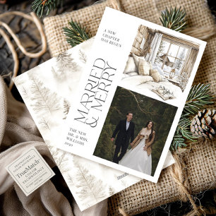 Rustic Cabin Married & Merry Photo Holiday Card