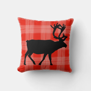RUSTIC CABIN PILLOW, RED CHECK DEER ELK CUSHION