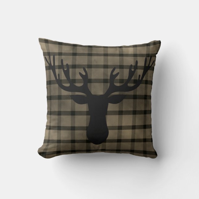 Rustic Cabin Plaid Deer Silhouette Cushion (Front)