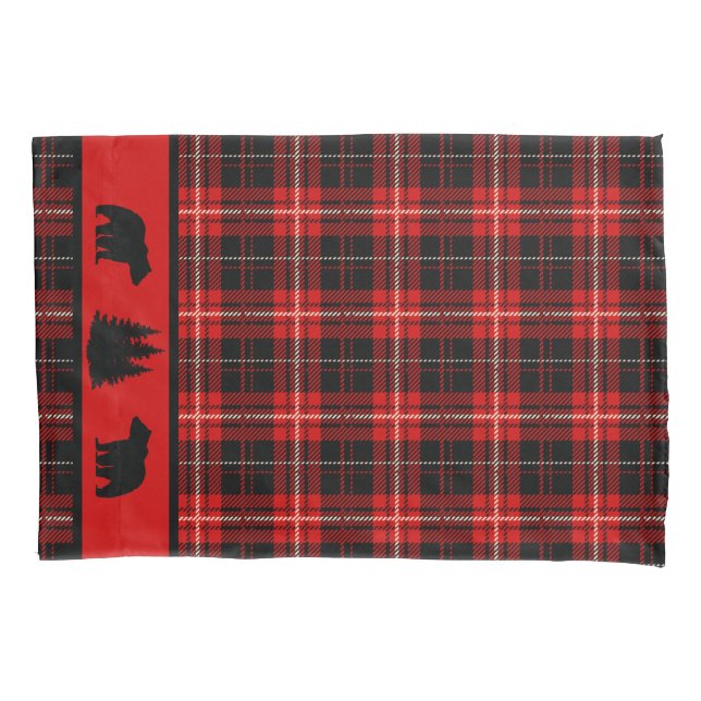 Rustic Cabin Red Plaid Black Bear Pillowcase (Front)