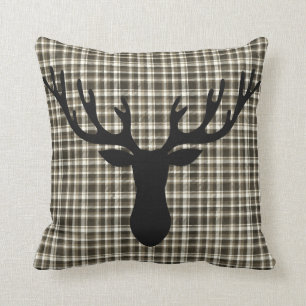 Rustic Cabin Small Plaid Pattern Deer Silhouette Cushion