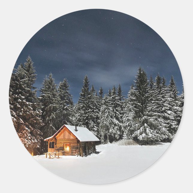 Rustic Cabin Snow Winter Classic Round Sticker (Front)