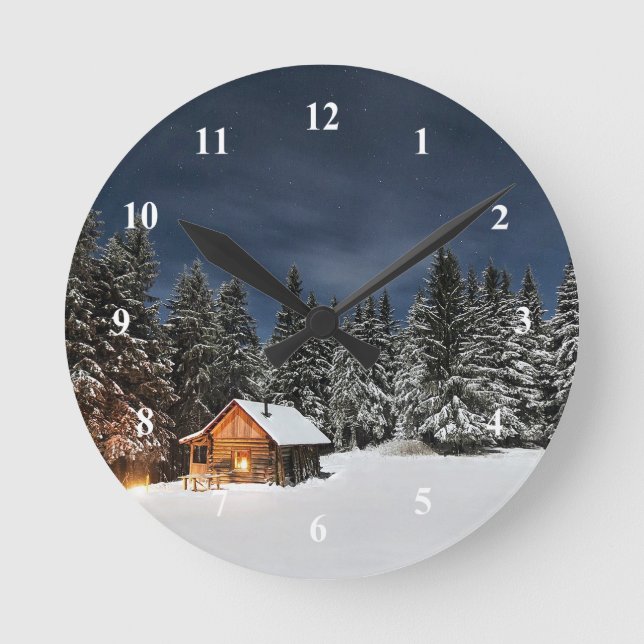 Rustic Cabin Snow Winter Round Clock (Front)