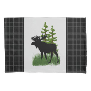 Rustic Cabin Style Black Plaid Moose Silhouette  Pillowcase