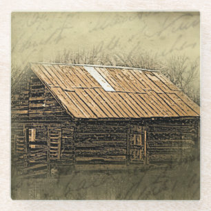 Rustic Cabin Vintage Weathered Postcard Glass Coaster